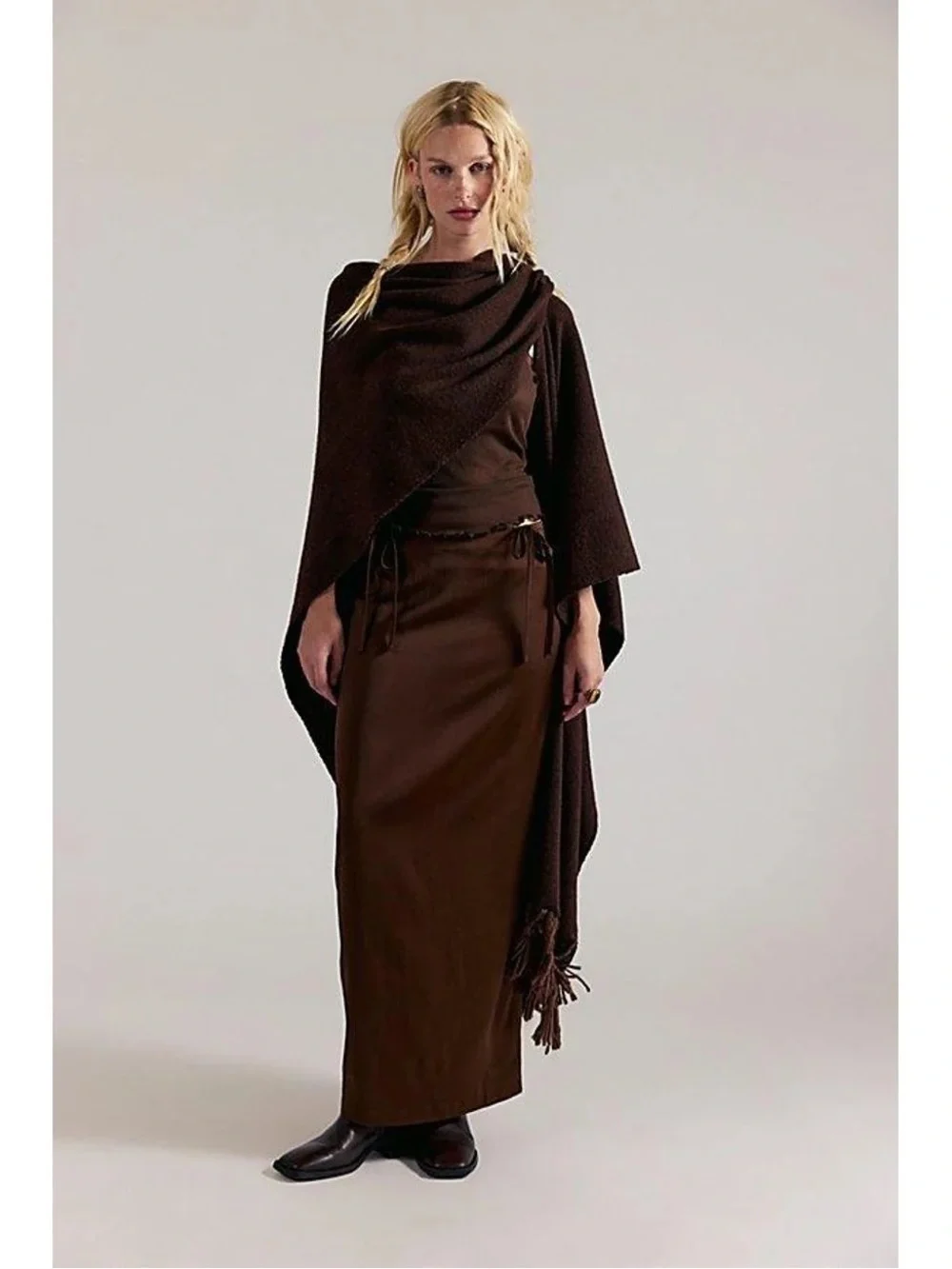 Free People Dark Brown Fringe Wrap Cape